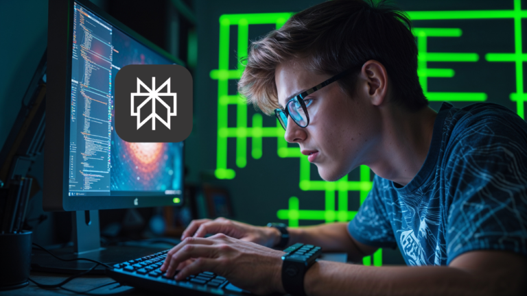 Um jovem nerd utilizando o computador em seu quarto. Logo da Perplexity IA.