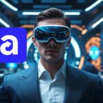 Homem branco usando óculos VR em uma sala futurística. Logo da plataforma Acessos Pro posicionado ao lado.