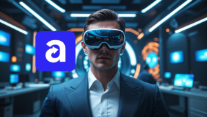 Homem branco usando óculos VR em uma sala futurística. Logo da plataforma Acessos Pro posicionado ao lado.
