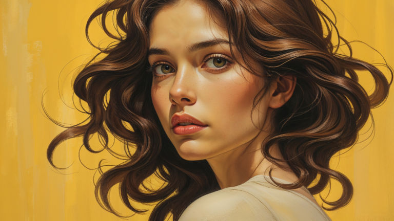Uma mulher de cabelos castanhos em um fundo amarelo.