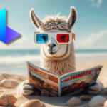 Uma lhama usando um óculos de filme 3D enquanto está lendo uma revista deitada na areia da praia.