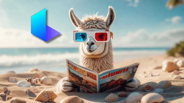 Uma lhama usando um óculos de filme 3D enquanto está lendo uma revista deitada na areia da praia.